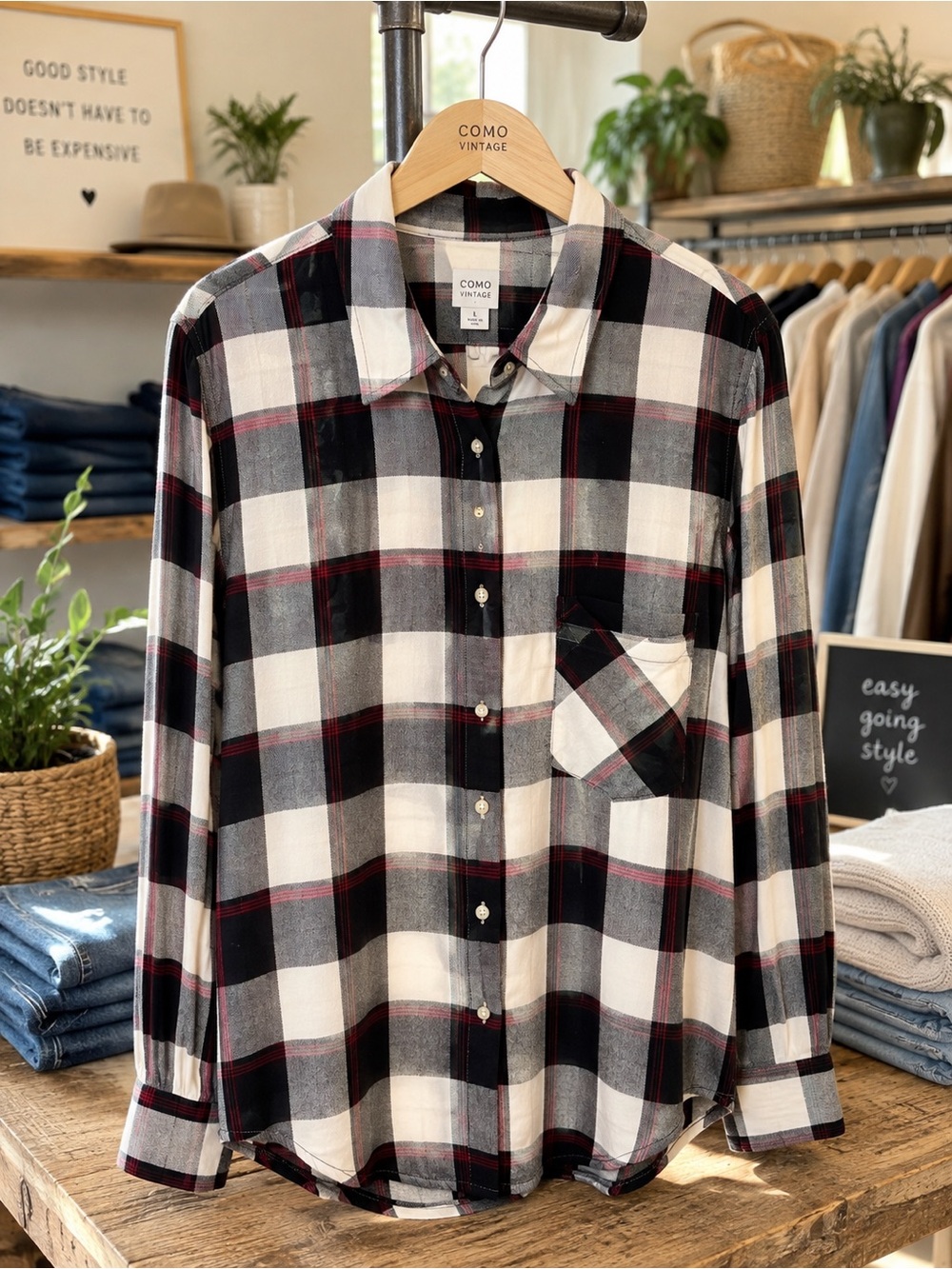 Como Vintage Plaid Button Down Shirt Black Ivory Red Size L Rayon